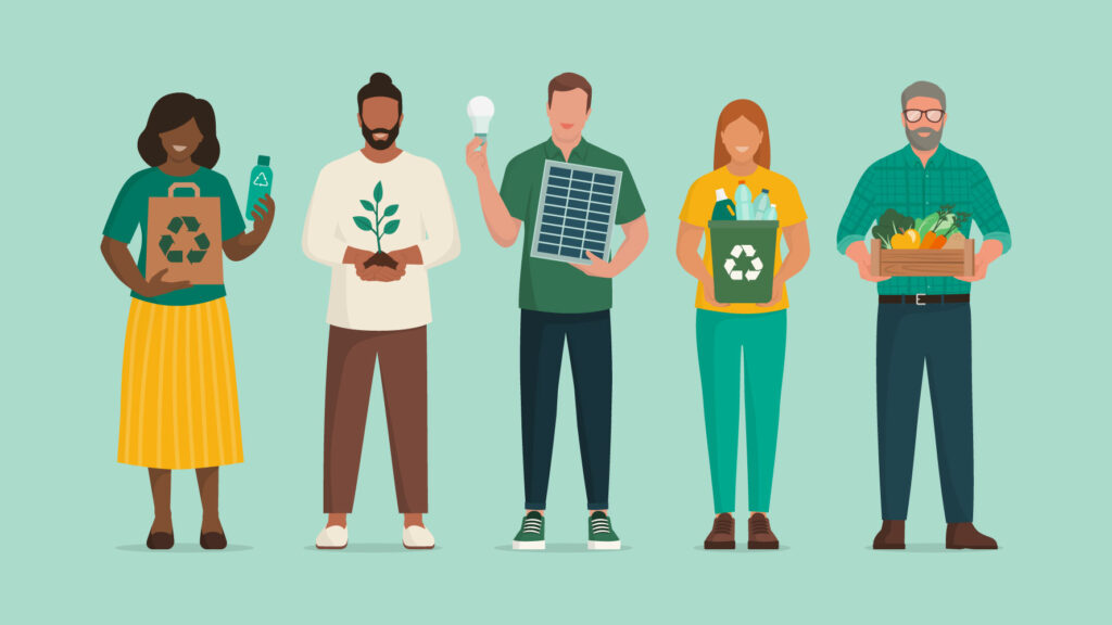 Menschen, die Nachhaltigkeit und umweltfreundliche Lösungen unterstützen – Vektor Illustration
